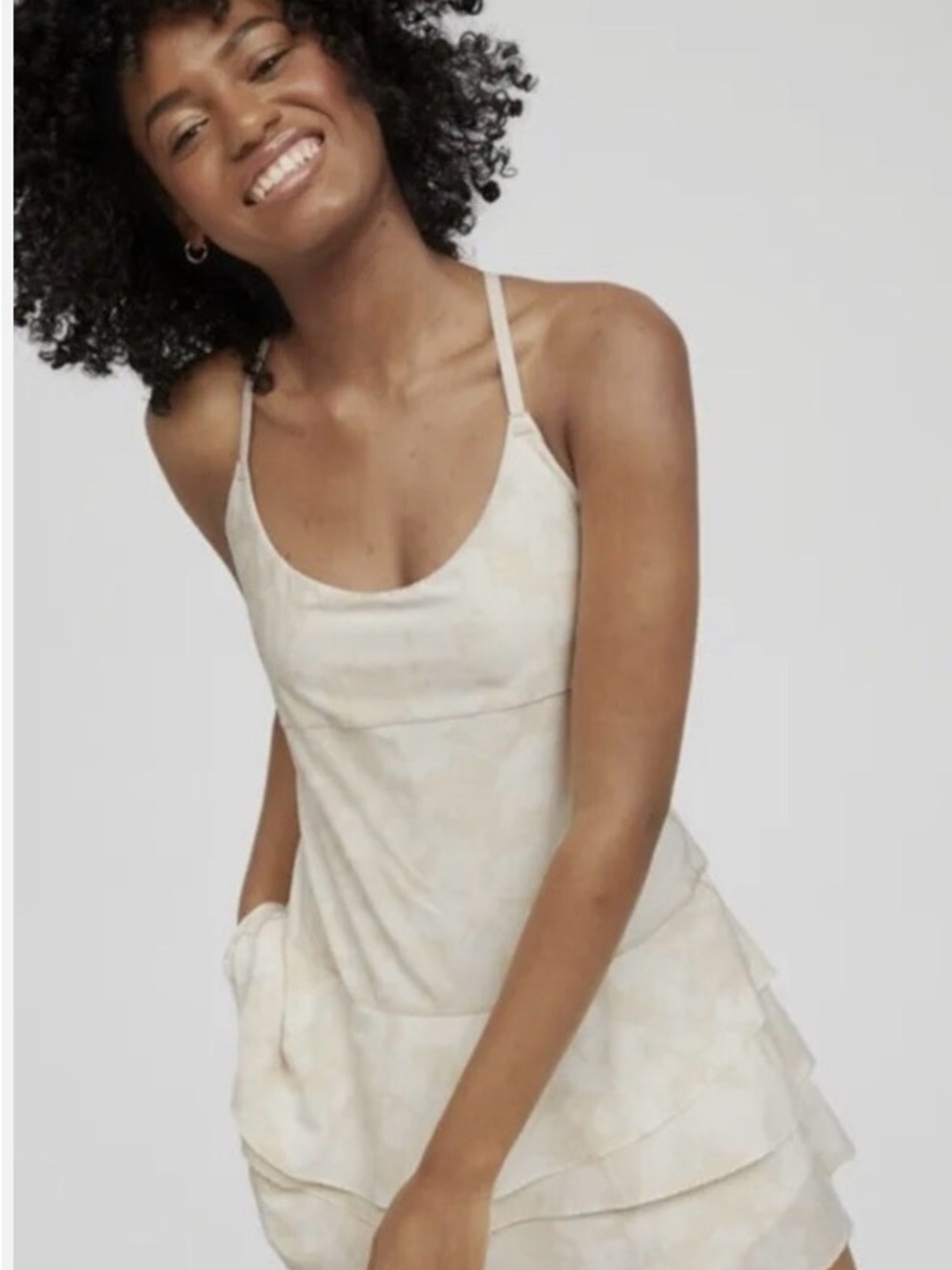 aerie Cream Tie-Dye Ruffle Hem Slip Dress